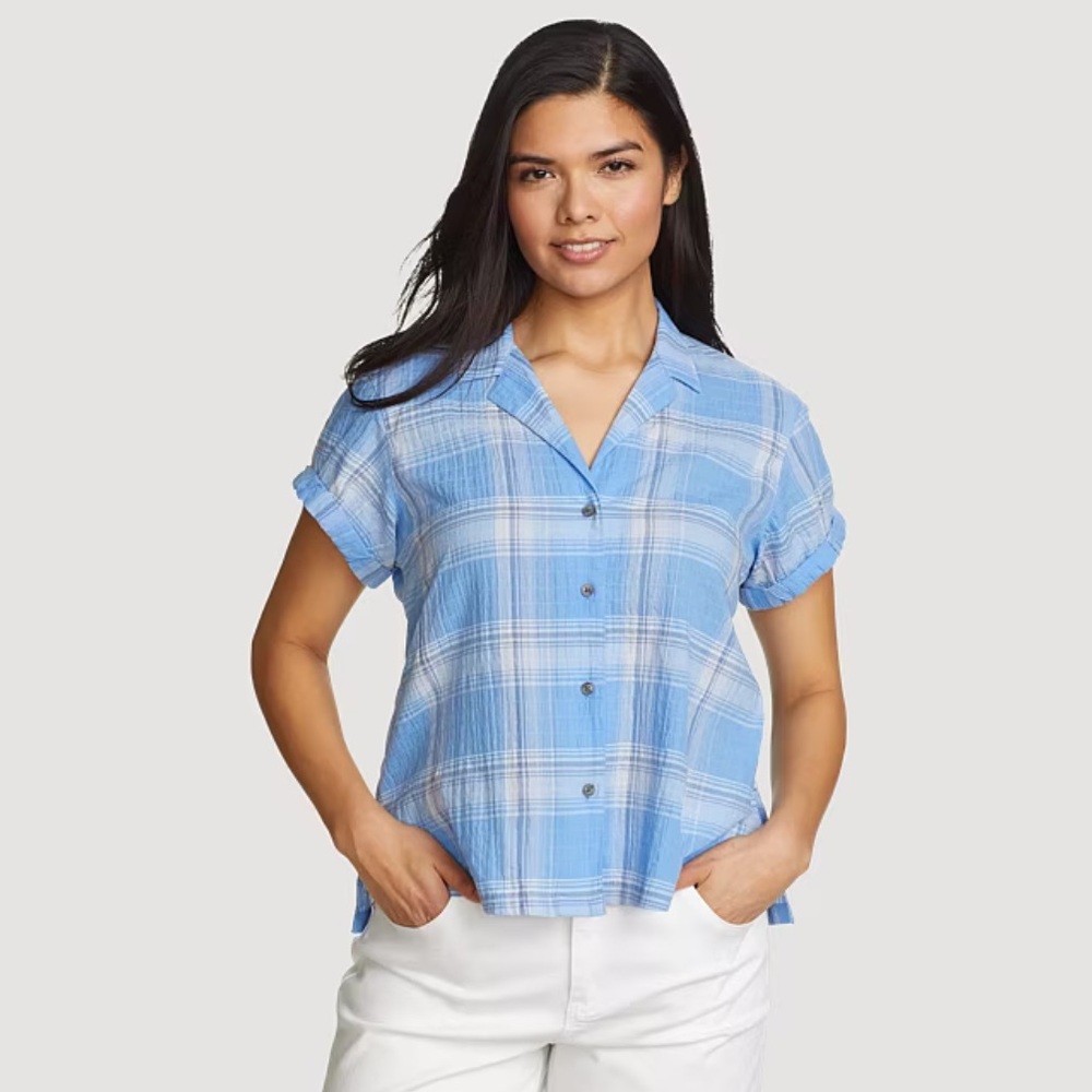 NEW Eddie Bauer Plaid Shirt XS Blue Cornflower Plaid Top